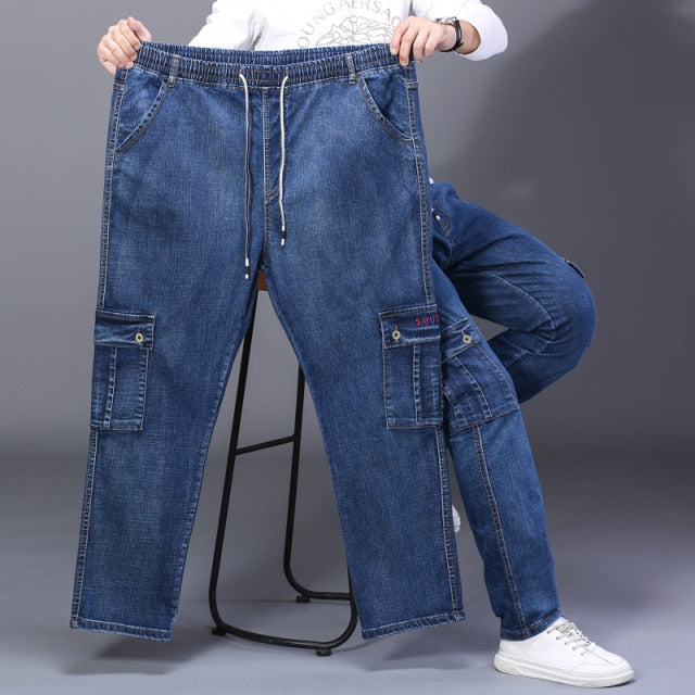 Men's High Waist Jeans Straight Large Size Dinem Trouser Male Black Jeans Side Multi Pocket Blue Loose Elastic Band Cargo Pants