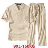 GbolsosMen's Clothing Large Size Tracksuit Husband 2021 Summer Suit Linen t-shirt Fashion Male Set Chinese Style 8XL 9XL plus Two Piece