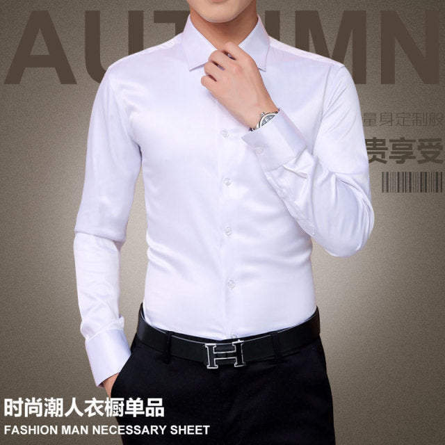 Korean Fashion Style Men's Shirt Wedding Dress Long Sleeve Vintage Shirt Silk Tuxedo Top Chemise Male Cotton Shirt White