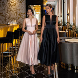 UZN Simple Tea-Length Satin Evening Dress Illustion V-Neck Sleeveless Evening Gown Sexy Backless A-Line Prom Dress