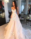 Off Shoulder Champagne Wedding Dresses 3D Ivory Appliques A Line Sweetheart Lace Corset Back Brides Married Gowns   Formal