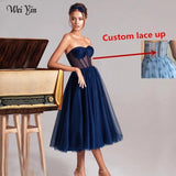 Simple Green Tulle A Line Short Prom Dresses Sweetheart Sheer Corset Top Tea Length Formal Party Gowns