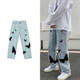 Gbolsos Butterfly print Jeans for Men Pants Loose Baggy Jeans Casual Denim Pants Stretch Straight Fashion Trousers women Clothing