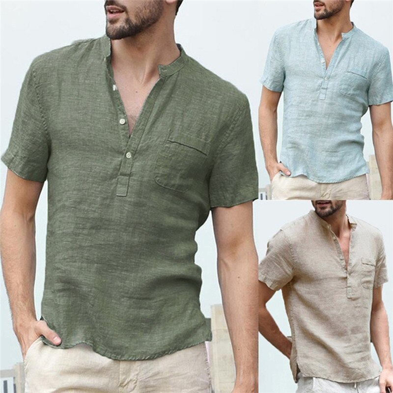 Gbolsos Men's Flax Linen T-Shirt Casual V-Neck Button Down T-Shirts Slim Fit Cotton Linen Short Sleeve Basic Top Male Breathable
