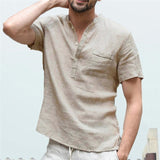 Gbolsos Men's Flax Linen T-Shirt Casual V-Neck Button Down T-Shirts Slim Fit Cotton Linen Short Sleeve Basic Top Male Breathable