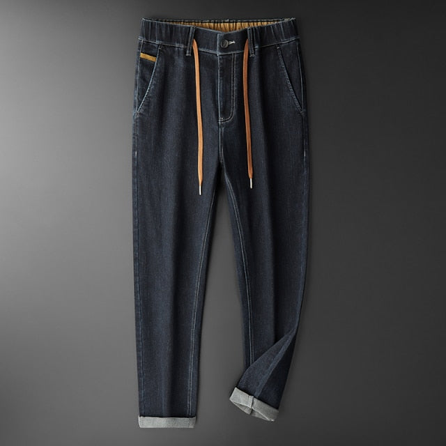 TFETTERS Autumn Winter Fashion Jeans Men Thick Soft Cotton Elastic Waist Loose Jeans Zipper Drawstring Design Boyfriend Jeans