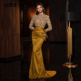 Arabic Evening Dresses Gold High Neck Beaded Long Sleeves Sequined Mermaid Prom Gown Party Dress abendkleider   dubai