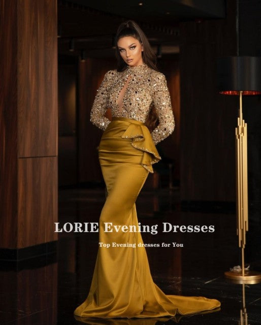 Arabic Evening Dresses Gold High Neck Beaded Long Sleeves Sequined Mermaid Prom Gown Party Dress abendkleider   dubai