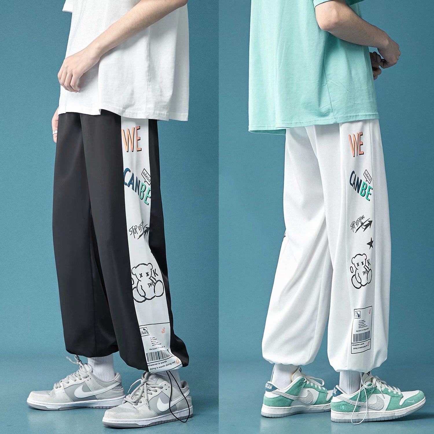 New Men's Pants Fashion Korean Style Ribbon Streetwear Harem Pants Elastic Waist Cargo Pants Men Casual Hip Hop Sweatpants Men