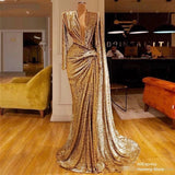 Sparkly Sequined Gold Evening Dresses With Deep V Neck Pleats Long Sleeves Mermaid Prom Dubai African Party Gown