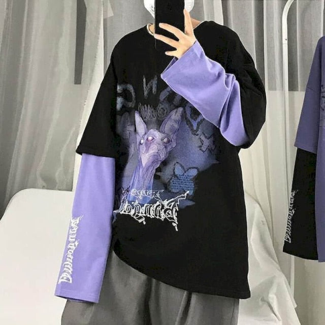 T-shirt Cross of Thorns fake two-piece for men women long-sleeved dark hip-hop loose large size autumn new trend top Simplicity