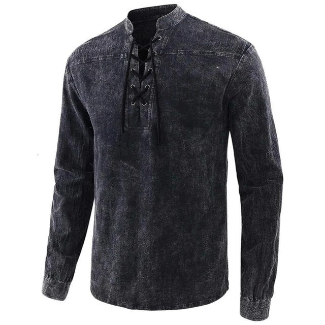 Fashionable Men Gothic Retro Lace-up V-neck Denim Long Sleeve Tee Shirt Loose Tops for Male Comfortable Breathable