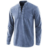 Fashionable Men Gothic Retro Lace-up V-neck Denim Long Sleeve Tee Shirt Loose Tops for Male Comfortable Breathable