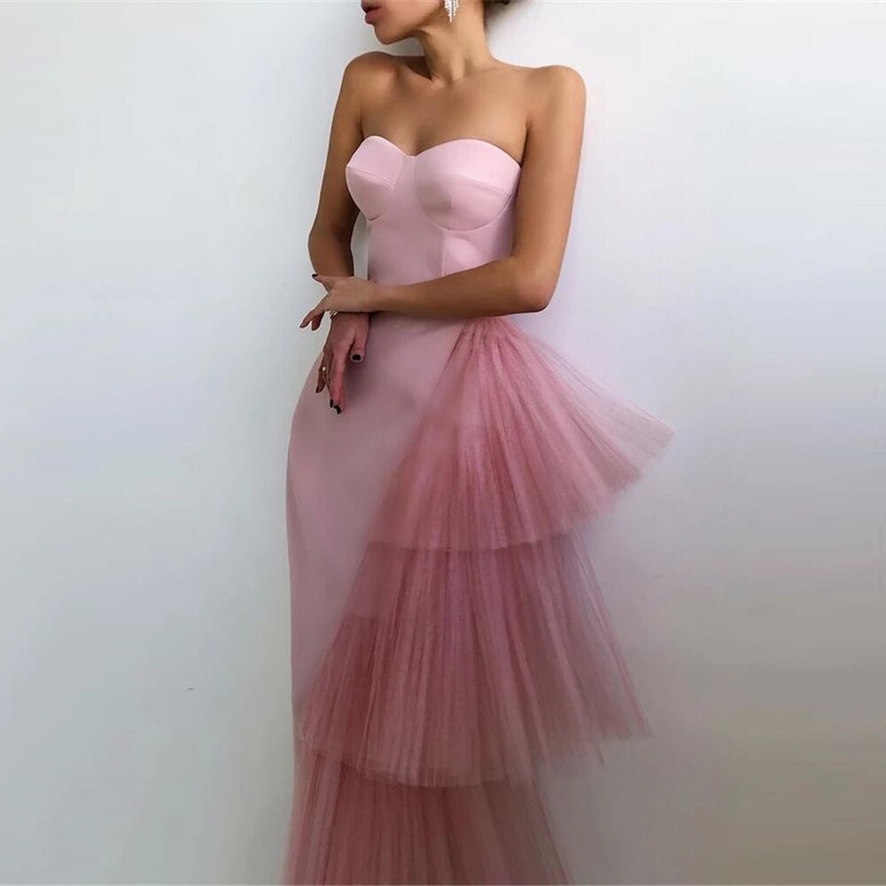 Gbolsos Simple Black Pink Soft Tulle Evening Party Dress Sweetheart Sleeveless Tea Length Formal Prom Night Gowns Dresse