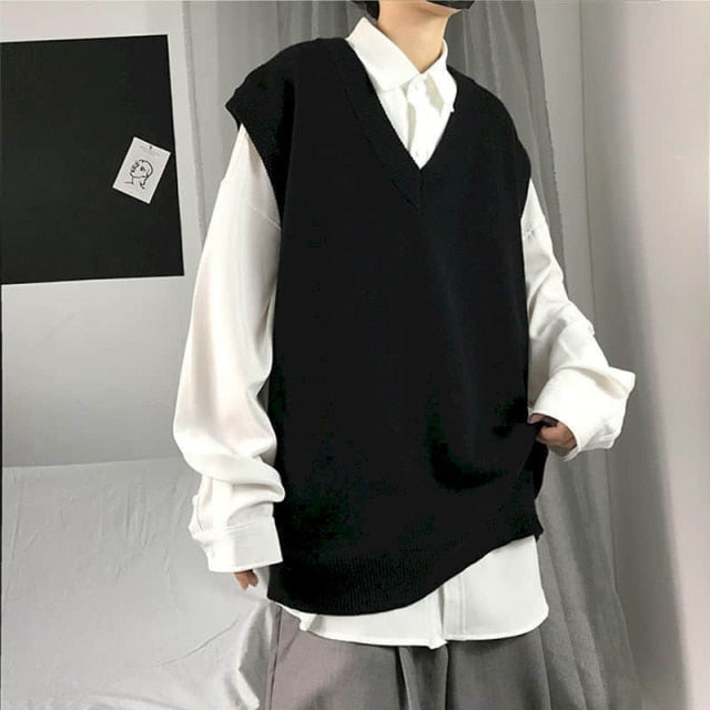 Men Sweater Vest Autumn Solid Color Knitted Male Korean Style Trend Loose V-neck Sleeveless Waistcoat Vest Sweater College Style