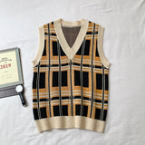 Men Sweater Vests Plaid Paneled Oversize Harajuku Casual Male Sleeveless Knitwear V-neck Loose Mens Wool Vest High Quality New