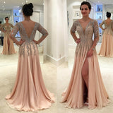 Crystal Beading Long Sleeve Evening Dresses A-Line Side Slit V-Neck Chiffon Luxury Party Prom Gown Backless Floor Length
