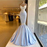 Gbolsos Light Blue Mermaid Evening Dress Sexy One Shoulder Applique Soft Satin Fishtail Prom Dresses Long Party Gown Plus Size