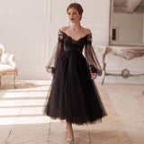 Black Princess Evening Dress A-Line Sexy Illusion Long Sleeve V-Neck Lace Appliques Backless Ankle-Length Party Prom Gown