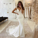 Charming Deep V-Neck Mermaid Wedding Dresses   Cap Sleeve Lace Appliques Backless Formal Satin Bridal Gown Long Sweep Train