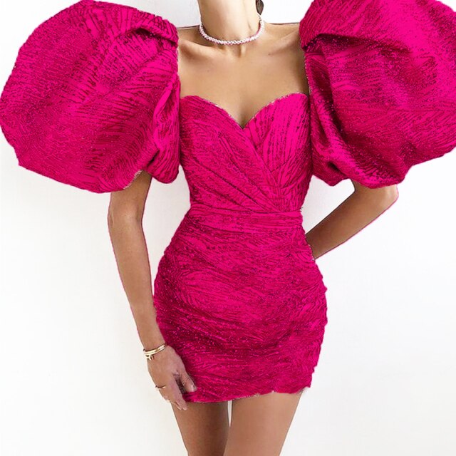 UETEEY Short Evening Dresses Sweetheart Shiny Puff Sleeves Formal Women Party Prom Gowns Zipper Back   Vestidos De Fiesta