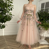 Charming A-Line Party Prom Dress Lolely Transparent Long Sleeve Flowers  Ankle Length Evening Dress Special Occasion Gowns